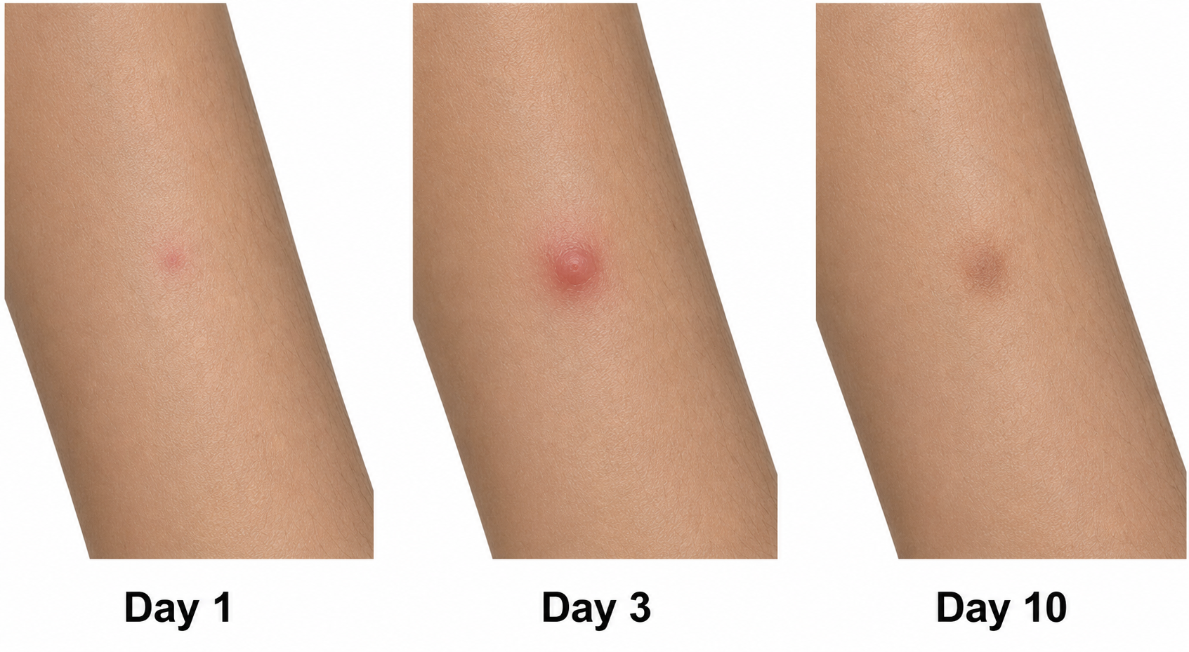 bed bug bites stages from fresh bite day 1 to healed day 10
