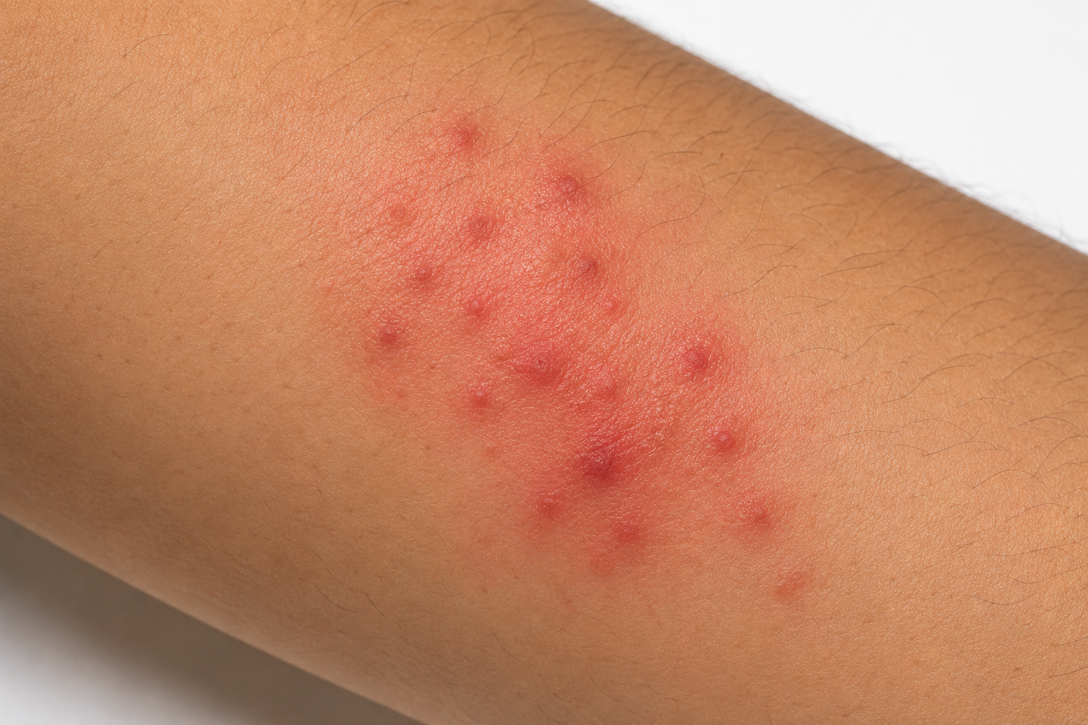 bed bug bite rash pictures showing red inflamed cluster on arm