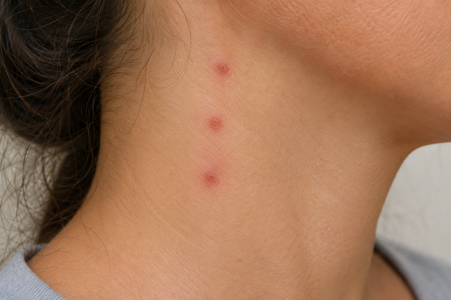 bed bug bites on neck and face area showing line pattern