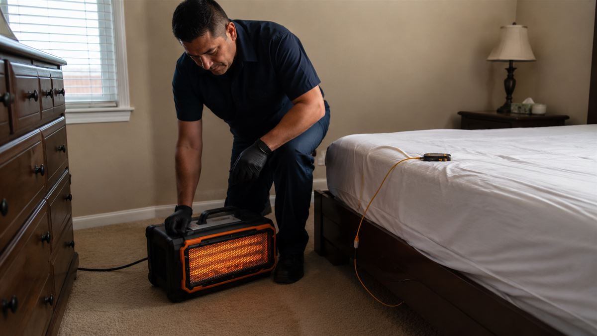Pest control technician setting up bed bug heat treatment equipment in a Katy, TX bedroom
