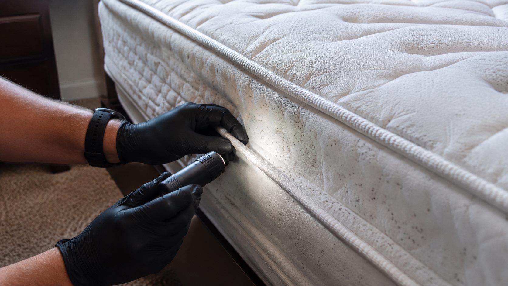 Bed bug inspection in Houston - technician checking a mattress seam with a flashlight