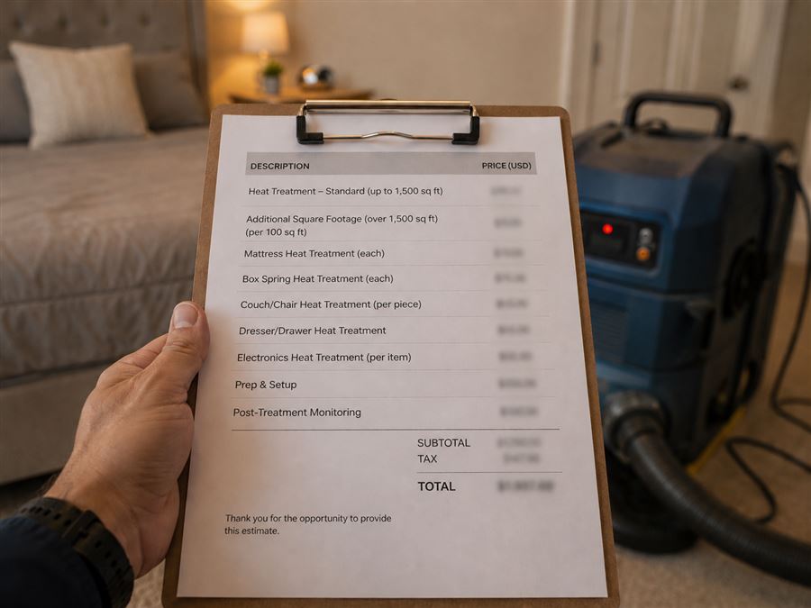 Itemized bed bug heat treatment price estimate on clipboard with equipment in background, Houston