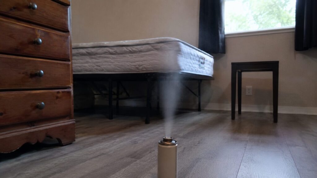Do bed bug foggers work - a bug bomb fogger releasing mist in a bedroom