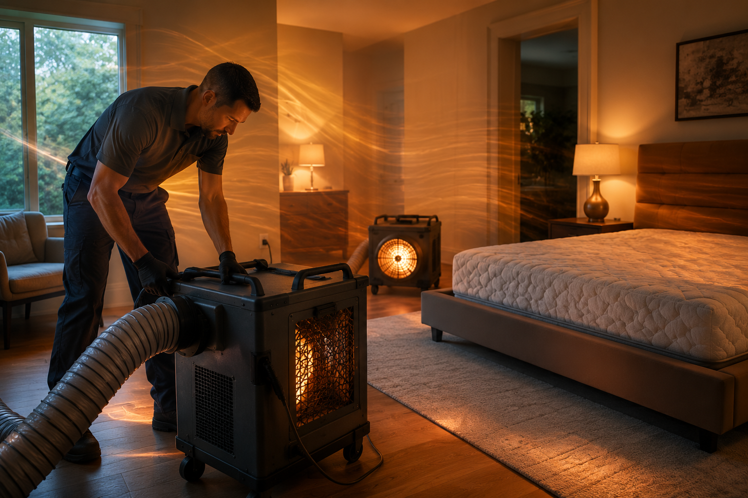 Bed bug heat exterminator setting up industrial equipment in a Houston bedroom