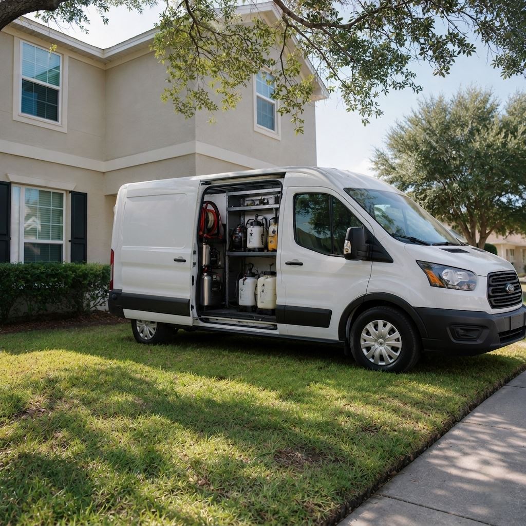 Unmarked Houston bed bug service van in residential driveway