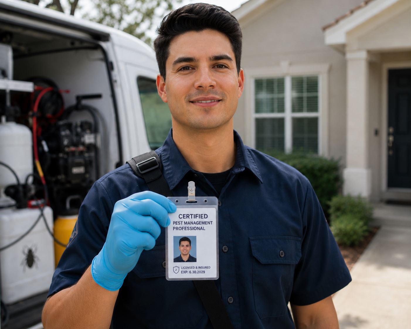 Houston bed bug technician showing certified pest management ID