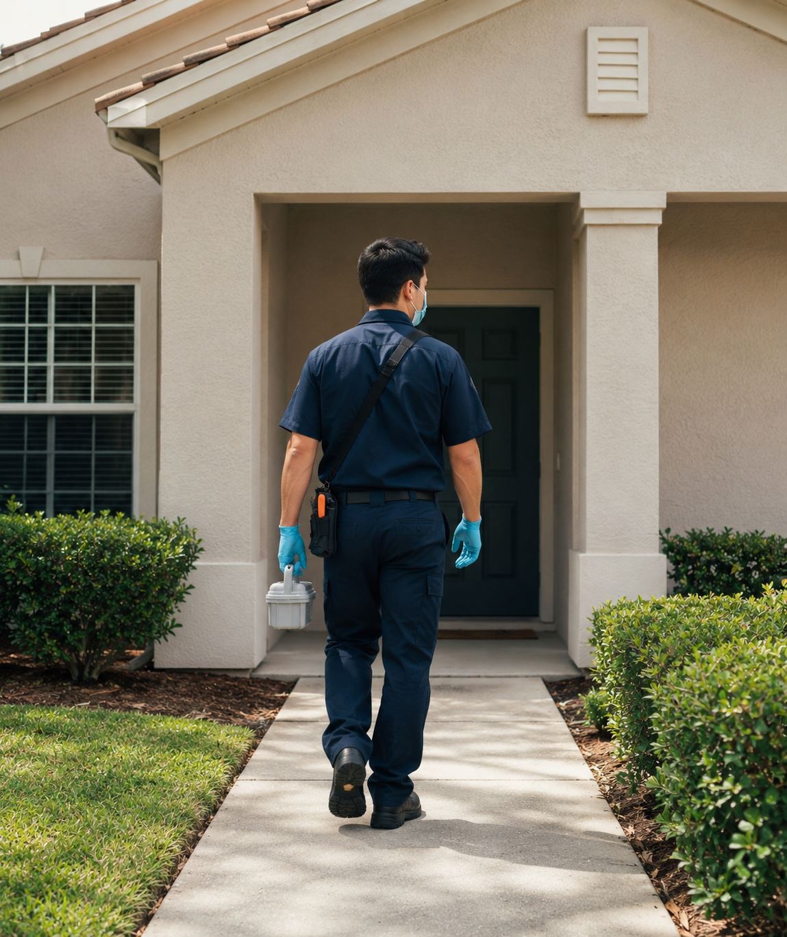 Houston bed bug technician walking to home โ local proof photo