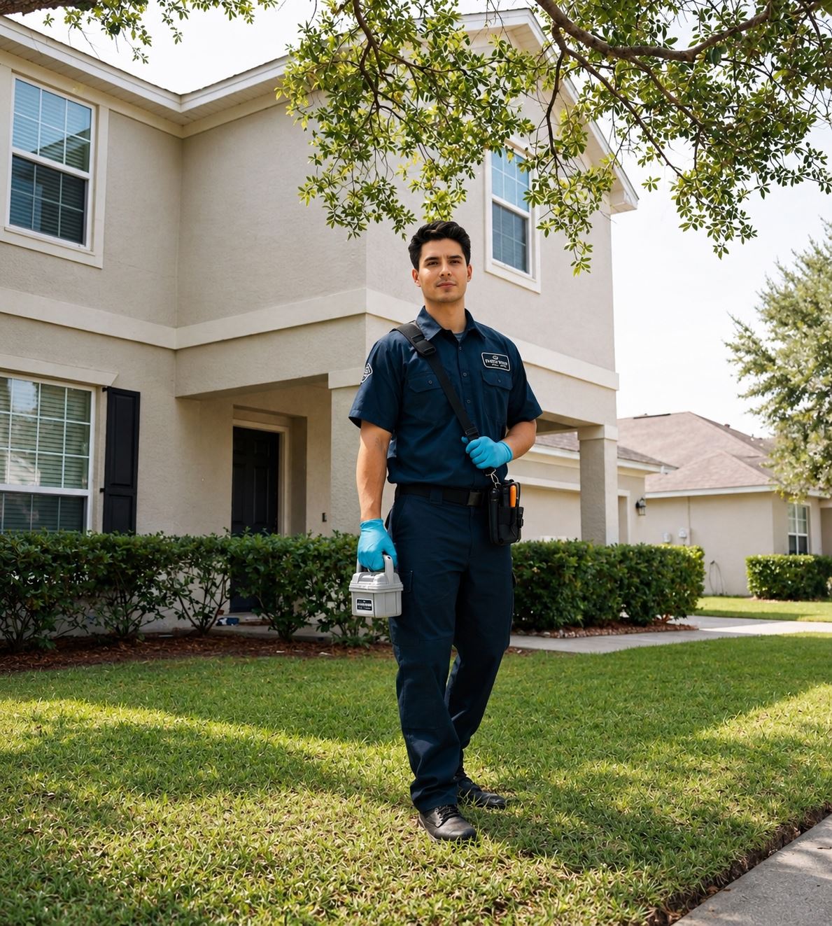 Houston bed bug technician in front of suburban home