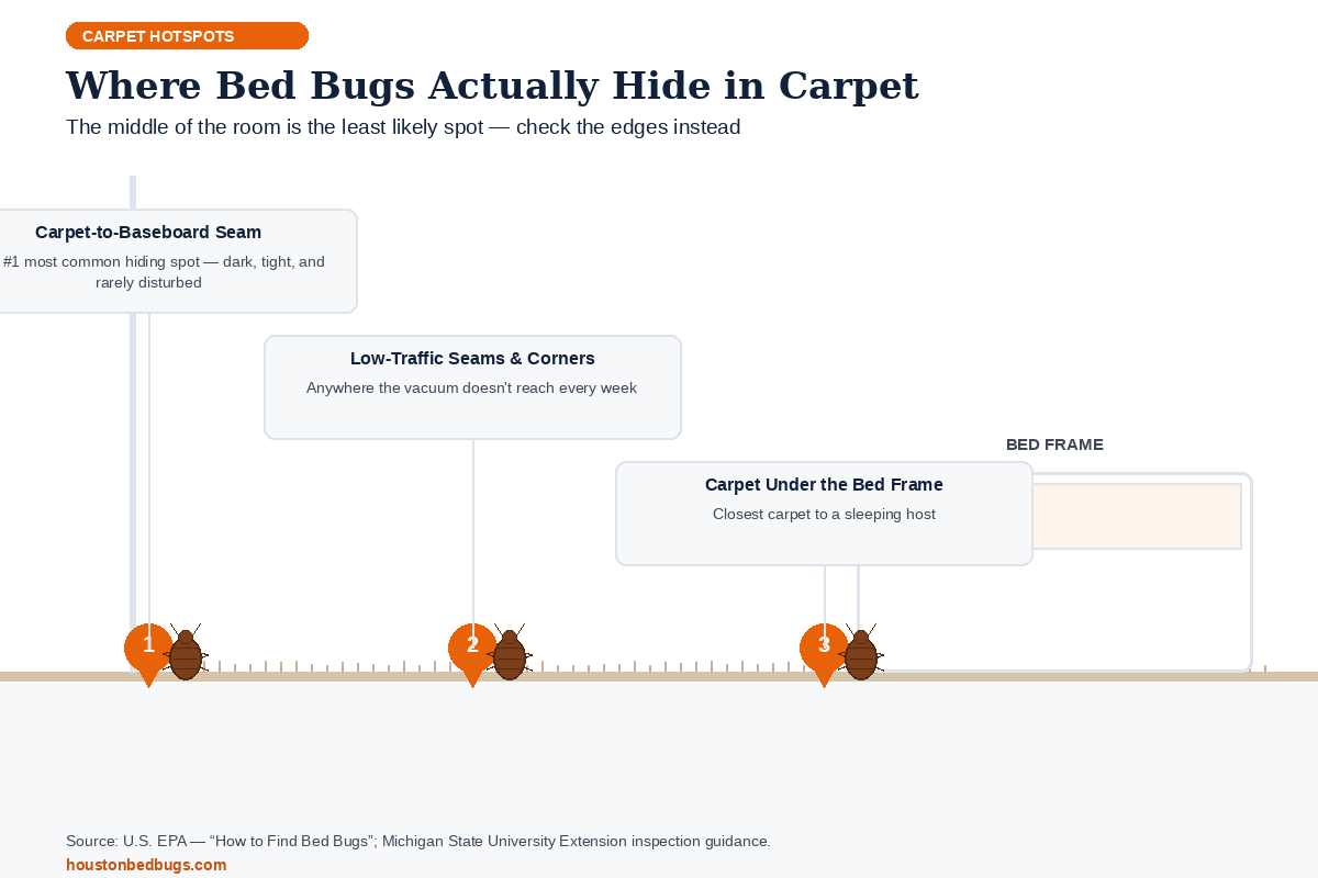 Diagram showing where bed bugs hide in carpet: the baseboard seam, low-traffic corners, and carpet under the bed frame