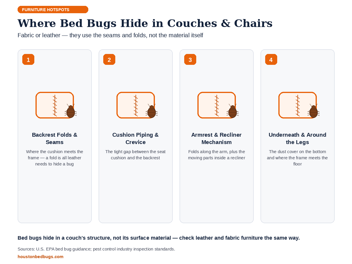 Diagram showing where bed bugs hide in couches and furniture: backrest folds, cushion piping, armrest and recliner mechanisms, and underneath the legs