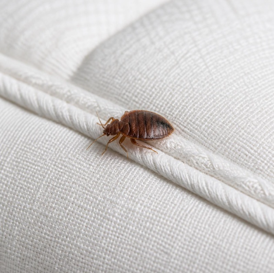 Bed bug on white mattress seam close-up, macro photo of an adult bed bug (Cimex lectularius)