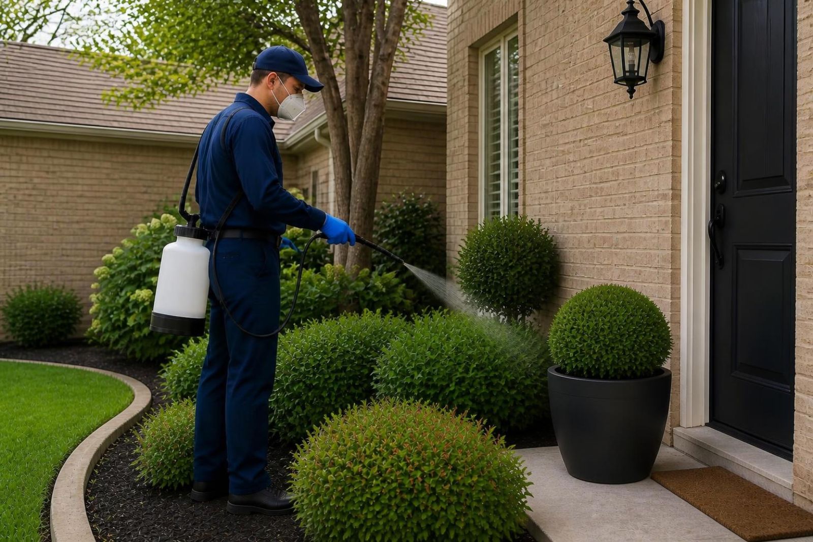 Bed bug treatment Cypress, TX — licensed technician performing an exterior pest treatment as part of prevention service