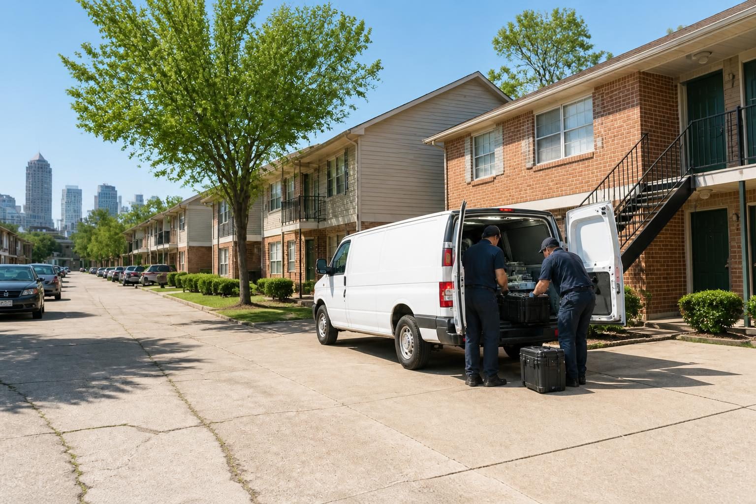 Bed bug treatment Sharpstown Houston - technicians preparing equipment at an apartment complex, ZIP 77074