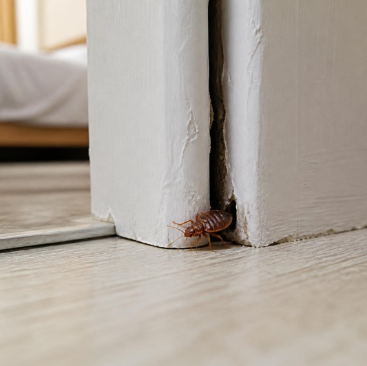 Bed bug emerging from wall crack baseboard gap between apartment units