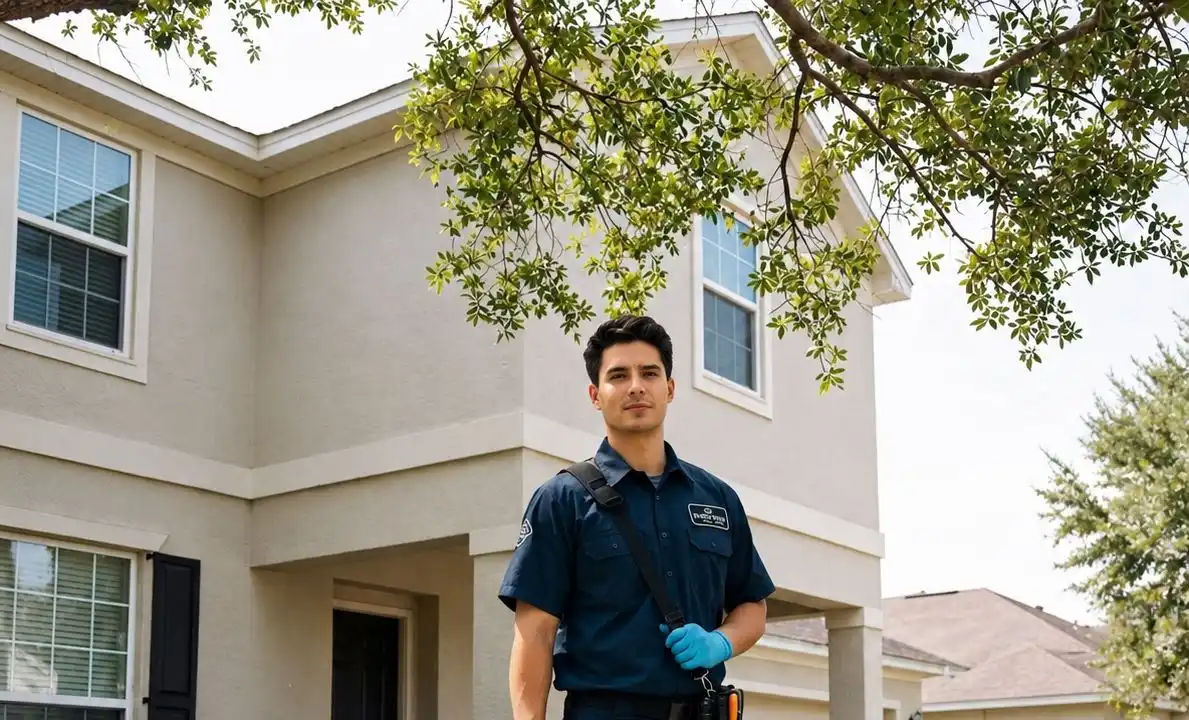 Houston bed bug technician in front of suburban home