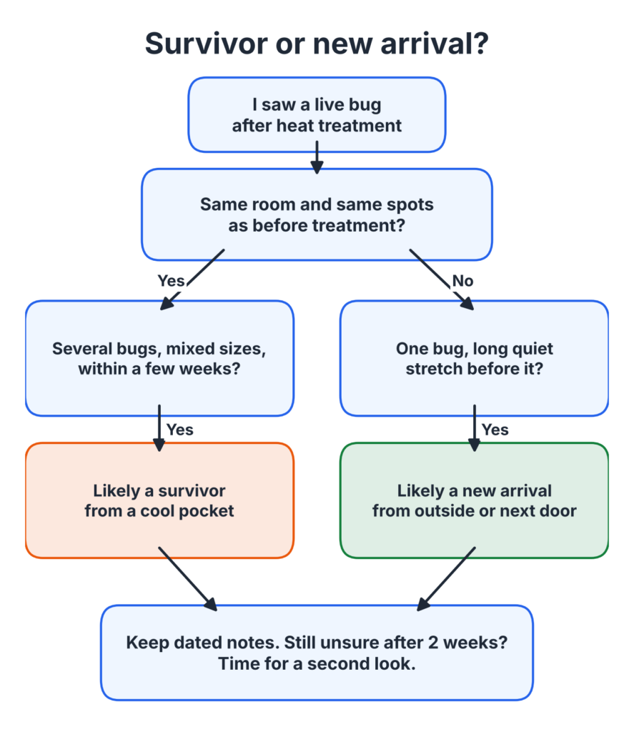 Flowchart showing how to tell a surviving bed bug from a new arrival after heat treatment