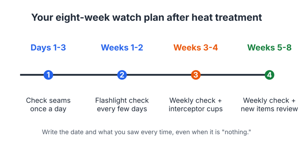 Eight-week timeline of what to check after bed bug heat treatment, from daily seam checks to weekly monitoring