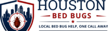 Houston Bed Bugs logo: shield with Houston skyline and a bed bug in a crosshair, with the tagline Local bed bug help, one call away